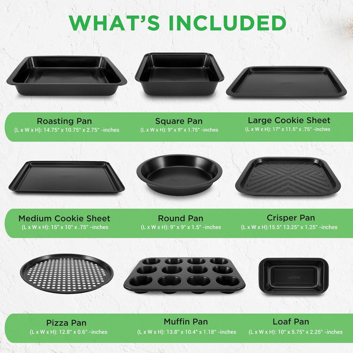 Kitchen Oven Baking Pans - Deluxe Nonstick Gray Coating Inside & Outside Carbon Steel Bakeware Set (10-Pieces)