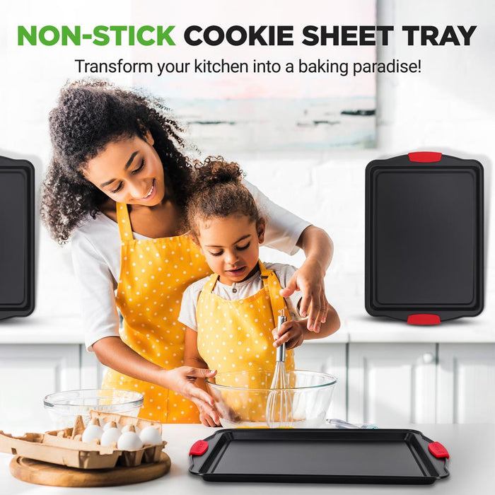 Plaque à pâtisserie antiadhésive 3 pièces avec poignées en silicone pour cuisson (Noir) 