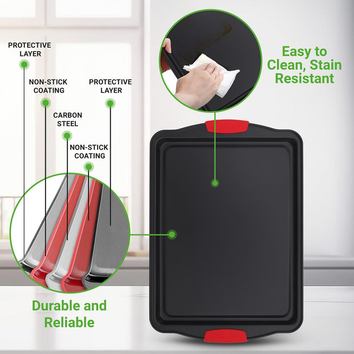 Plaque à pâtisserie antiadhésive 3 pièces avec poignées en silicone pour cuisson (Noir) 