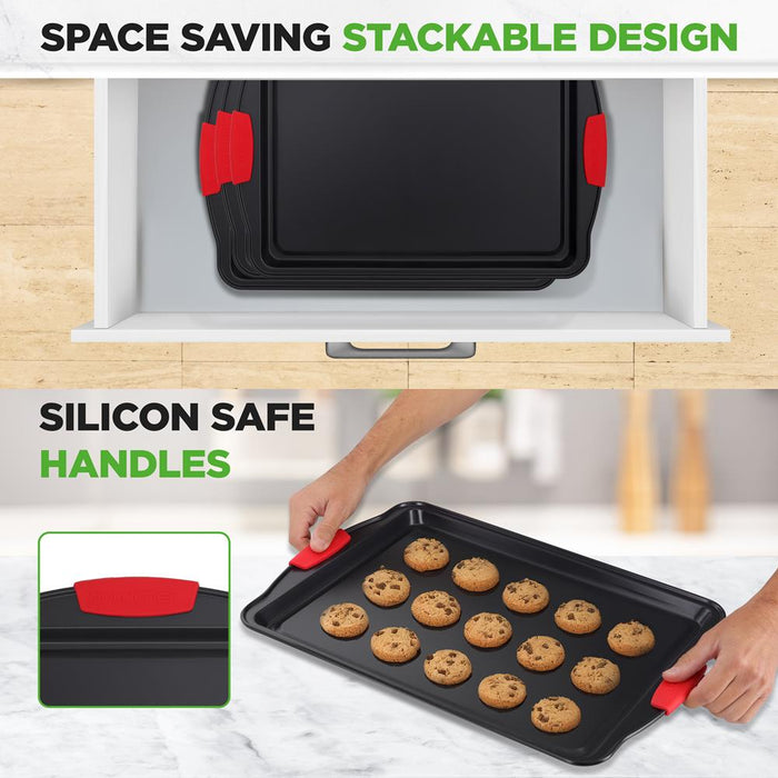 Plaque à pâtisserie antiadhésive 3 pièces avec poignées en silicone pour cuisson (Noir) 