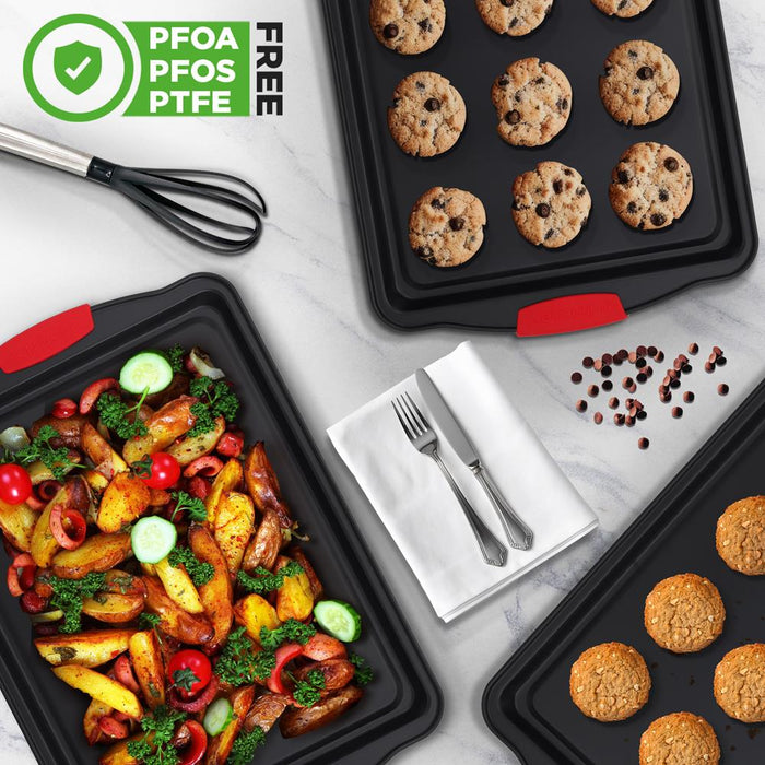 Plaque à pâtisserie antiadhésive 3 pièces avec poignées en silicone pour cuisson (Noir) 