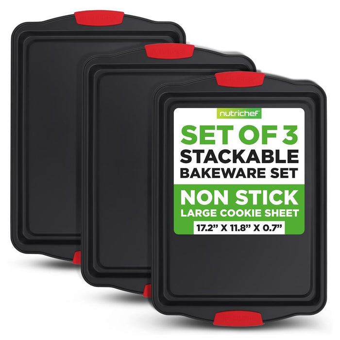 Plaque à pâtisserie antiadhésive 3 pièces avec poignées en silicone pour cuisson (Noir) 