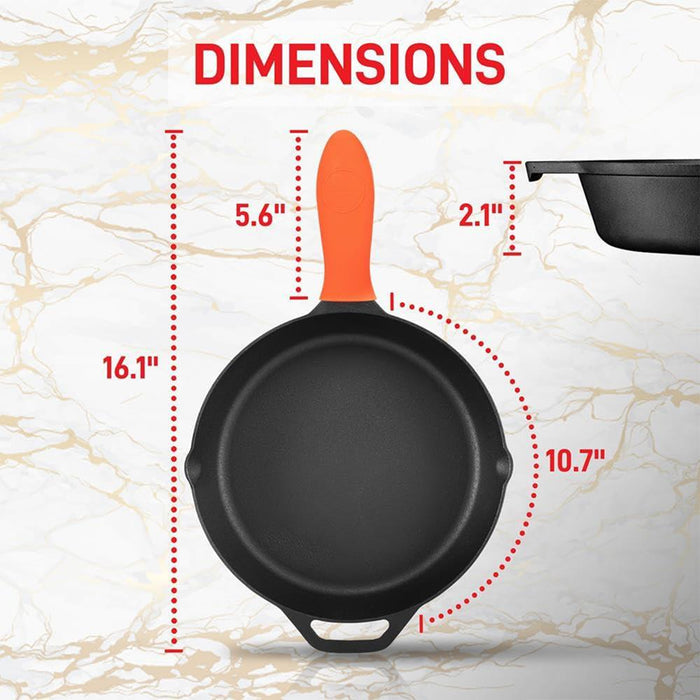 10'' Pre-Seasoned Cast Iron Pan - Fry Pan With Glass Lid & Silicone Handle