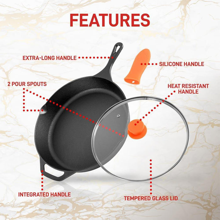 10'' Pre-Seasoned Cast Iron Pan - Fry Pan With Glass Lid & Silicone Handle
