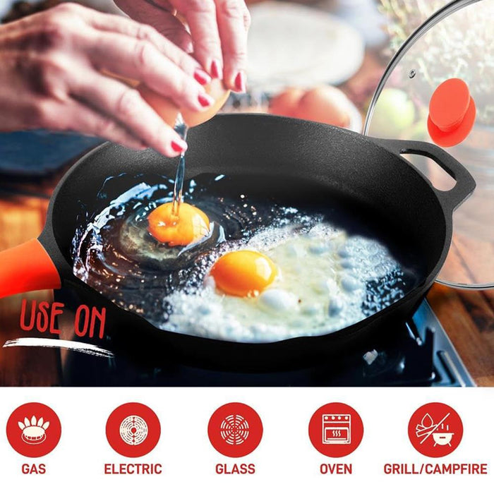 10'' Pre-Seasoned Cast Iron Pan - Fry Pan With Glass Lid & Silicone Handle