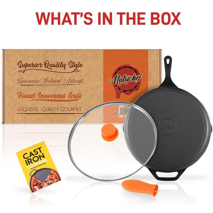 10'' Pre-Seasoned Cast Iron Pan - Fry Pan With Glass Lid & Silicone Handle