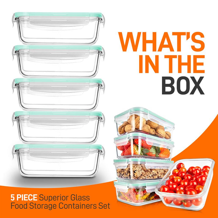 10-Piece Superior Glass Food Storage Containers Set - Stackable Design, Newly Bpa-Free Airtight Clear Locking Lids With Vent Lids & Green Air Hole