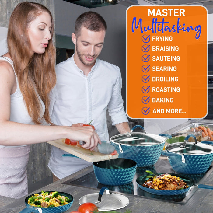 Kitchenware Pots & Pans Set - Stylish Kitchen Cookware With Elegant Diamond Pattern, Non-Stick (11-Piece Set)