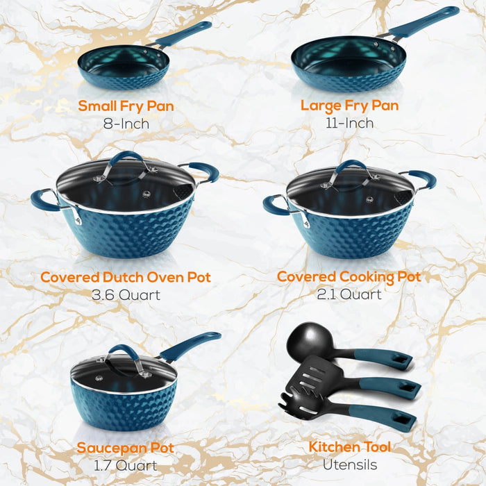 Kitchenware Pots & Pans Set - Stylish Kitchen Cookware With Elegant Diamond Pattern, Non-Stick (11-Piece Set)