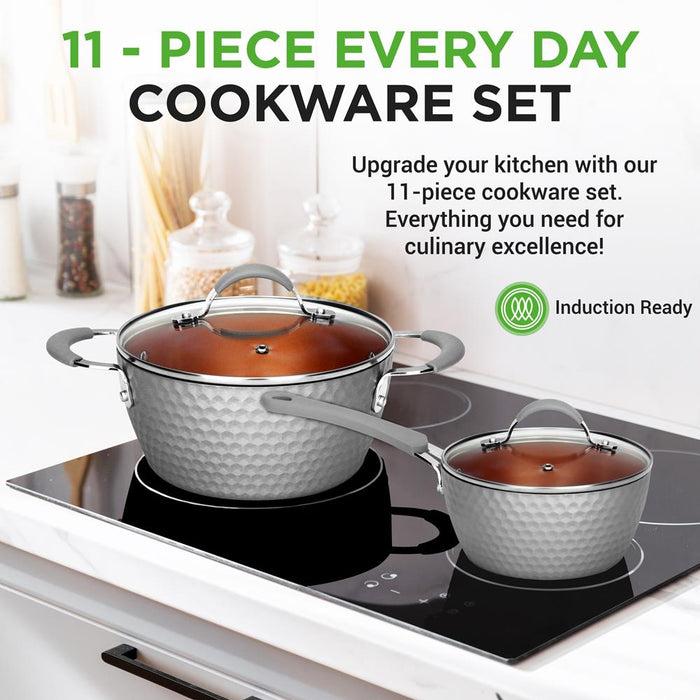 Kitchenware Pots & Pans Set - Stylish Kitchen Cookware With Elegant Diamond Pattern, Non-Stick (11-Piece Set)