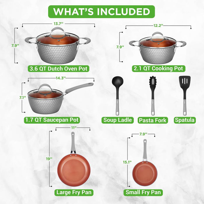 Kitchenware Pots & Pans Set - Stylish Kitchen Cookware With Elegant Diamond Pattern, Non-Stick (11-Piece Set)