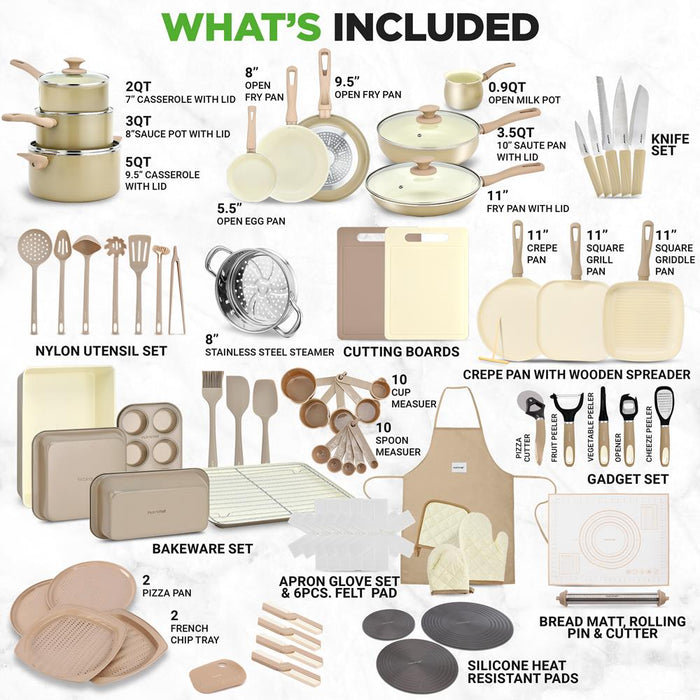 Ensemble de 75 pièces pour la cuisine à domicile, outils de cuisine et ensemble de cuisson - Batterie de cuisine en céramique de haute qualité (Crème/ Marron taupe) 