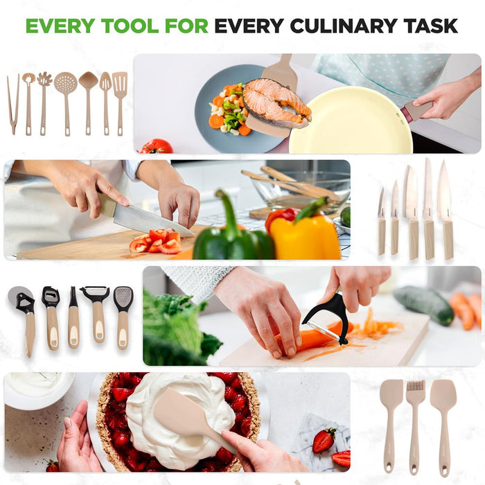 Ensemble de 75 pièces pour la cuisine à domicile, outils de cuisine et ensemble de cuisson - Batterie de cuisine en céramique de haute qualité (Crème/ Marron taupe) 