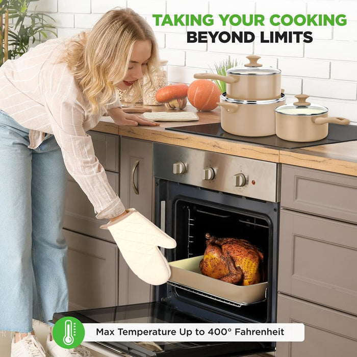 Ensemble de 75 pièces pour la cuisine à domicile, outils de cuisine et ensemble de cuisson - Batterie de cuisine en céramique de haute qualité (Crème/ Marron taupe) 