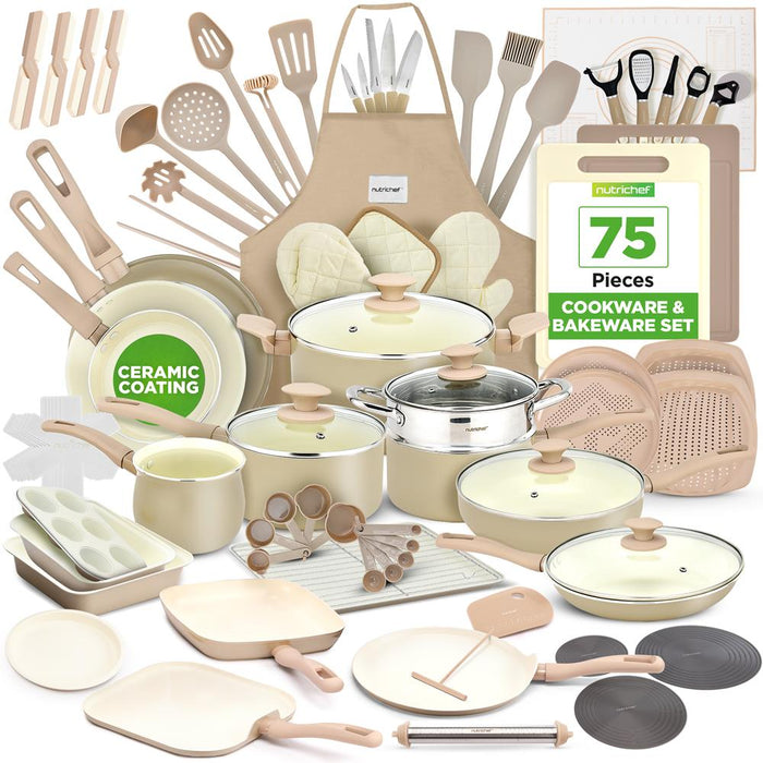 Ensemble de 75 pièces pour la cuisine à domicile, outils de cuisine et ensemble de cuisson - Batterie de cuisine en céramique de haute qualité (Crème/ Marron taupe) 