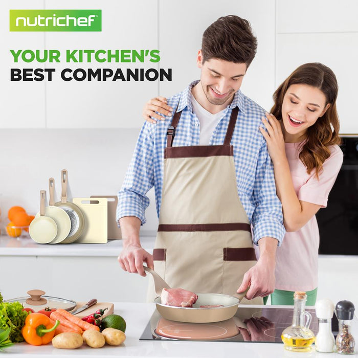 Ensemble de 75 pièces pour la cuisine à domicile, outils de cuisine et ensemble de cuisson - Batterie de cuisine en céramique de haute qualité (Crème/ Marron taupe) 