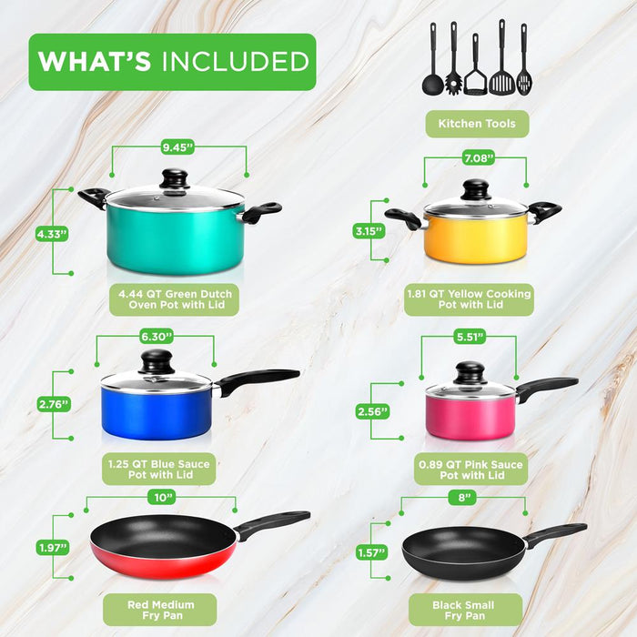 Kitchenware Pots & Pans Set - Colorful Kitchen Cookware, Black Non-Stick Coating Inside, Heat Resistant Lacquer And Mixed Colors Outside (15-Piece Set)