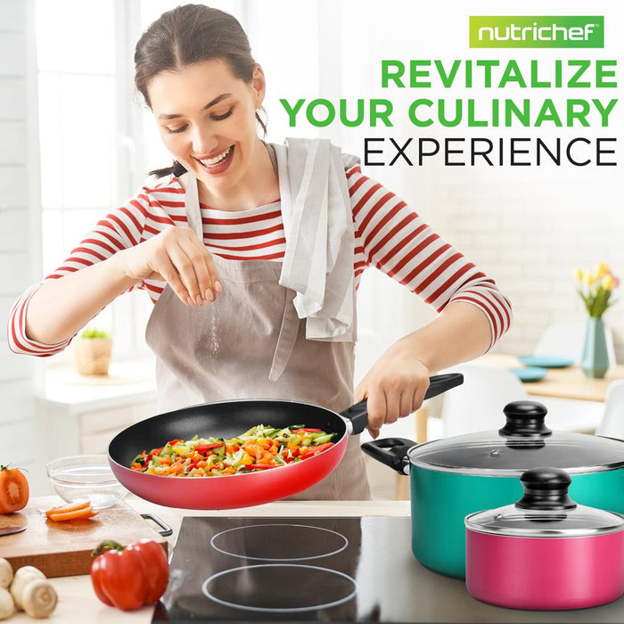 Kitchenware Pots & Pans Set - Colorful Kitchen Cookware, Black Non-Stick Coating Inside, Heat Resistant Lacquer And Mixed Colors Outside (15-Piece Set)