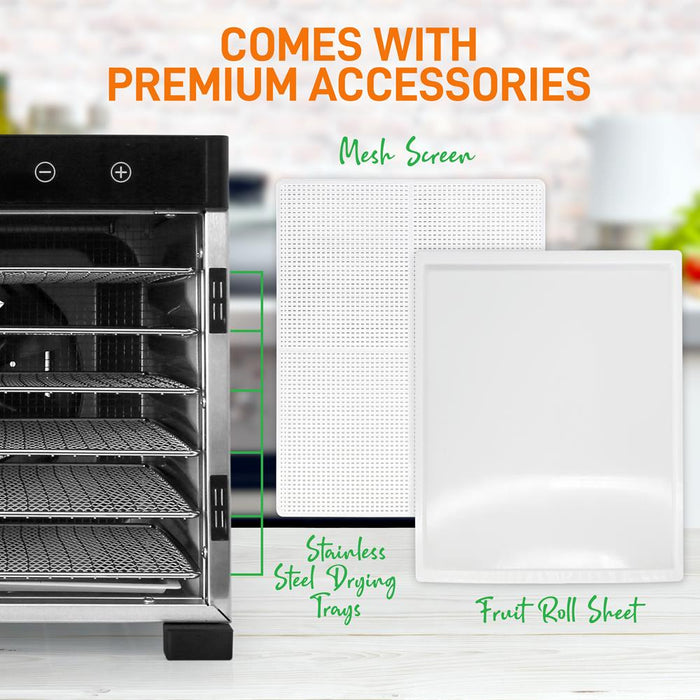 Machine de déshydratation alimentaire premium - 6 plateaux en acier inoxydable avec minuterie numérique et contrôle de la température, 600 watts 