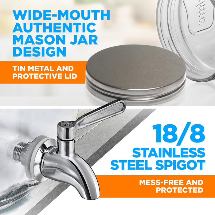 Distributeur de boissons en verre de 1 gallon avec robinet en acier inoxydable et couvercle en métal avec filtres 