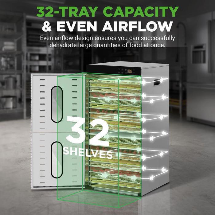 32 Shelf Commercial Food Dehydrator Machine With Digital Timer And Temperature Control For Jerky, Meat, Fruit, Pet Treats, Vegetables, And Herbs (Stainless Steel)