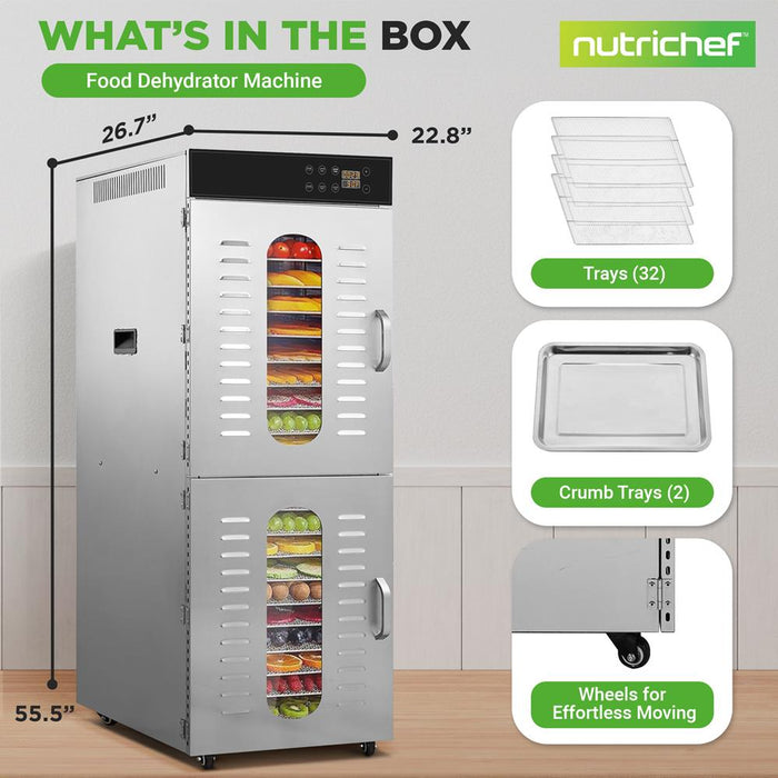 32 Shelf Commercial Food Dehydrator Machine With Digital Timer And Temperature Control For Jerky, Meat, Fruit, Pet Treats, Vegetables, And Herbs (Stainless Steel)