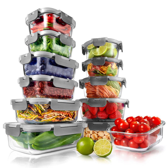 24-Piece Superior Glass Food Storage Containers Set - Stackable Design With Newly Innovated Hinged Bpa-Free Locking Lids (Gray)