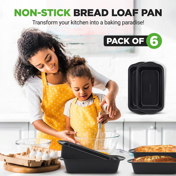 6 Piece Set Of Non-Stick Loaf Pan With Easy Grip Handles For Baking Homemade Bread, Brownies And Pound Cakes (Black)