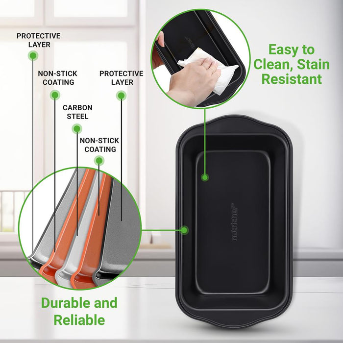 6 Piece Set Of Non-Stick Loaf Pan With Easy Grip Handles For Baking Homemade Bread, Brownies And Pound Cakes (Black)