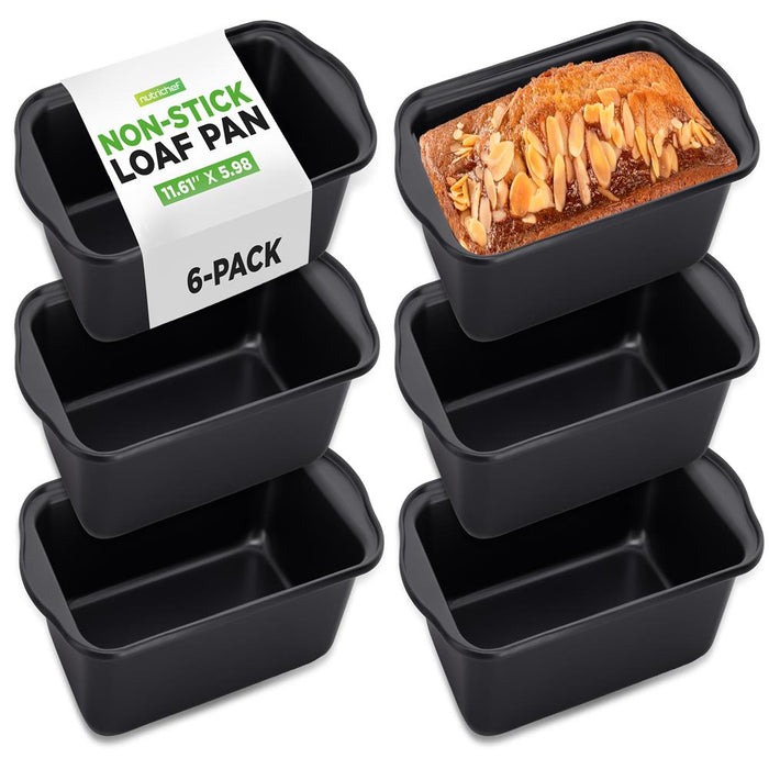 6 Piece Set Of Non-Stick Loaf Pan With Easy Grip Handles For Baking Homemade Bread, Brownies And Pound Cakes (Black)
