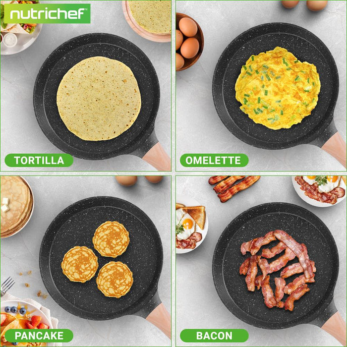 Poêle à crêpes antiadhésive de 11" avec étaleur en bois, manche en bakélite avec toucher doux en bois et fond à induction (marbre noir) 