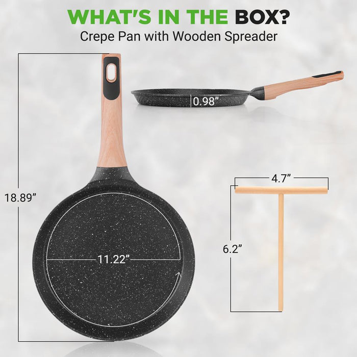 Poêle à crêpes antiadhésive de 11" avec étaleur en bois, manche en bakélite avec toucher doux en bois et fond à induction (marbre noir) 