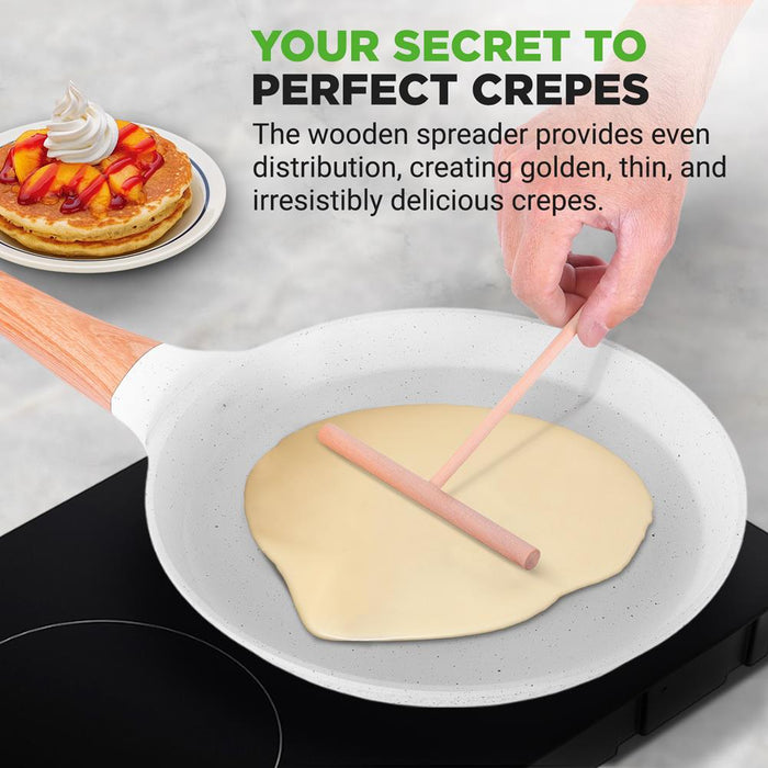 11” Non-Stick Crepe Pan With Spreader With Wooden Spreader, Bakelite Handle With Wooden Soft Touch And Induction Bottom (White Cream Marble)