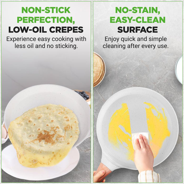 11” Non-Stick Crepe Pan With Spreader With Wooden Spreader, Bakelite Handle With Wooden Soft Touch And Induction Bottom (White Cream Marble)