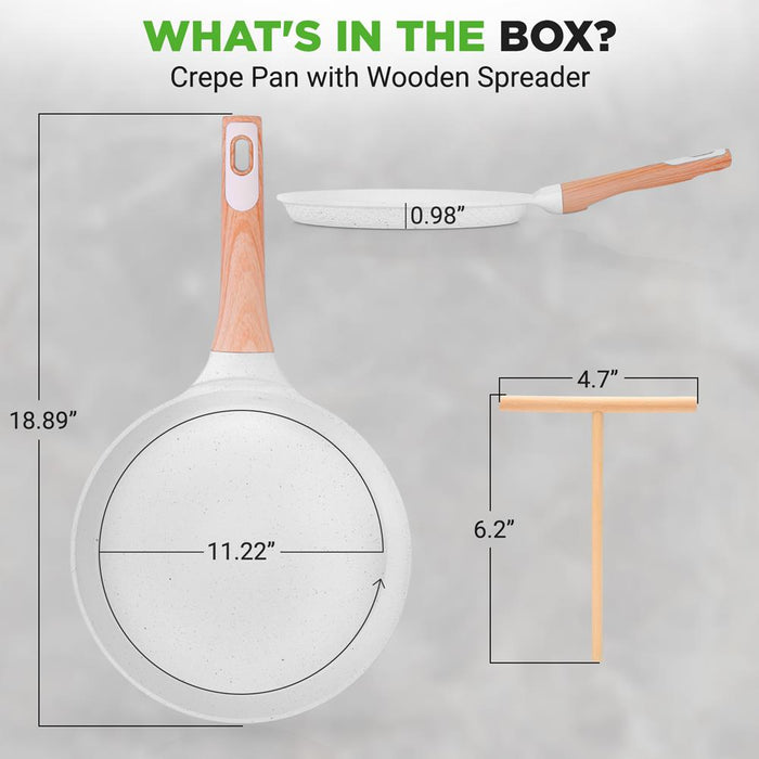 11” Non-Stick Crepe Pan With Spreader With Wooden Spreader, Bakelite Handle With Wooden Soft Touch And Induction Bottom (White Cream Marble)