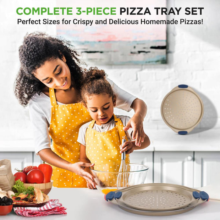Ensemble de 3 plateaux à pizza avec poignée en silicone - Moule rond en acier antiadhésif avec trous perforés (revêtement doré) 