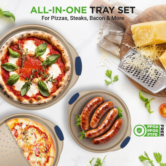 Ensemble de 3 plateaux à pizza avec poignée en silicone - Moule rond en acier antiadhésif avec trous perforés (revêtement doré) 