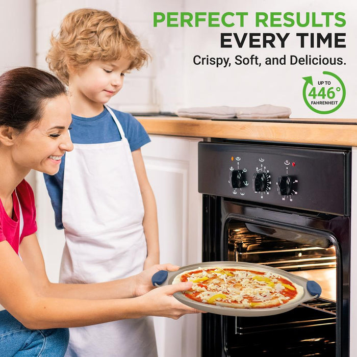 Ensemble de 3 plateaux à pizza avec poignée en silicone - Moule rond en acier antiadhésif avec trous perforés (revêtement doré) 