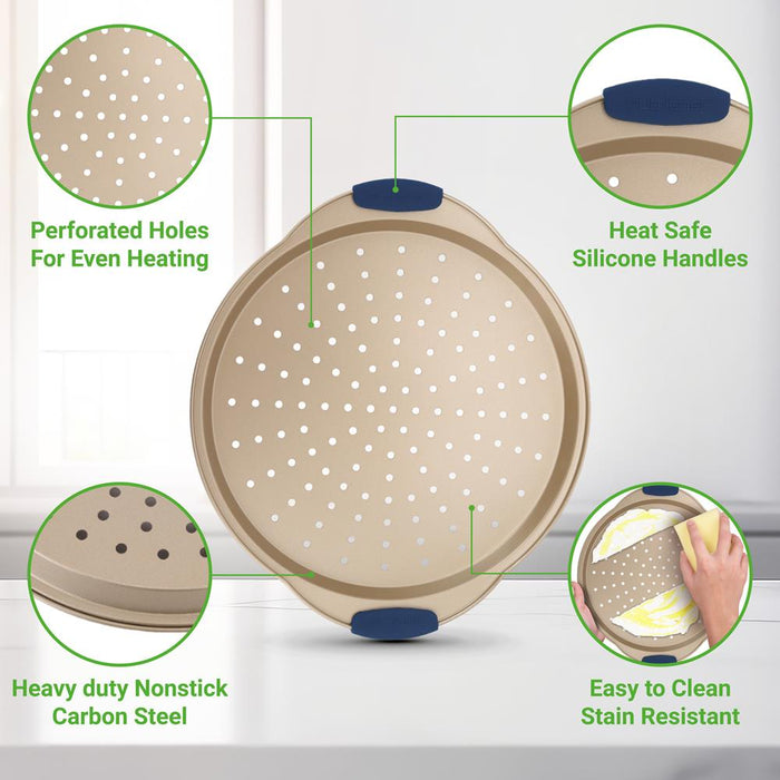 Ensemble de 3 plateaux à pizza avec poignée en silicone - Moule rond en acier antiadhésif avec trous perforés (revêtement doré) 