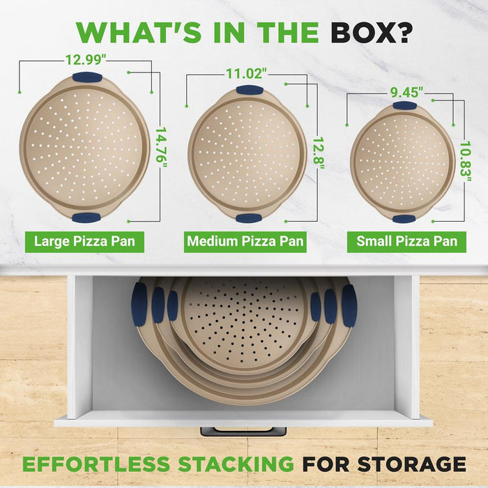Ensemble de 3 plateaux à pizza avec poignée en silicone - Moule rond en acier antiadhésif avec trous perforés (revêtement doré) 