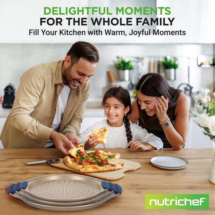 Ensemble de 3 plateaux à pizza avec poignée en silicone - Moule rond en acier antiadhésif avec trous perforés (revêtement doré) 