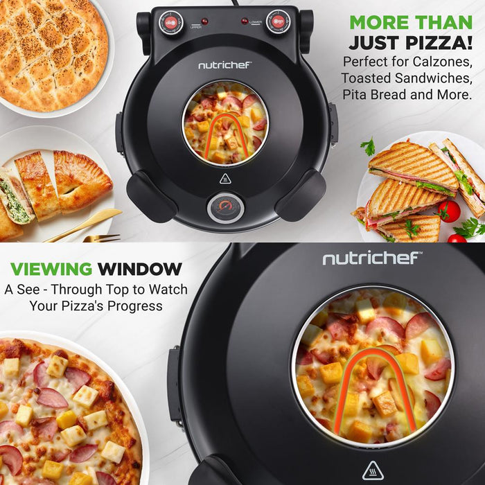 Machine à pizza de comptoir - Four à pizza électrique avec contrôles de température, fenêtre et thermomètre (Noir) 
