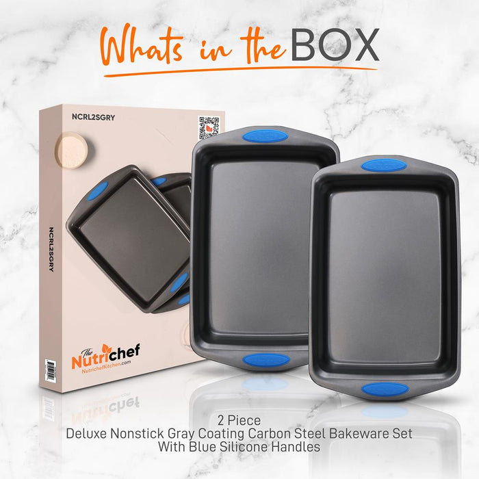 Kitchen Oven Baking Pans - Deluxe Nonstick Gray Coating Inside & Outside Carbon Steel Bakeware Set With Blue Silicone Handles (2-Pieces)