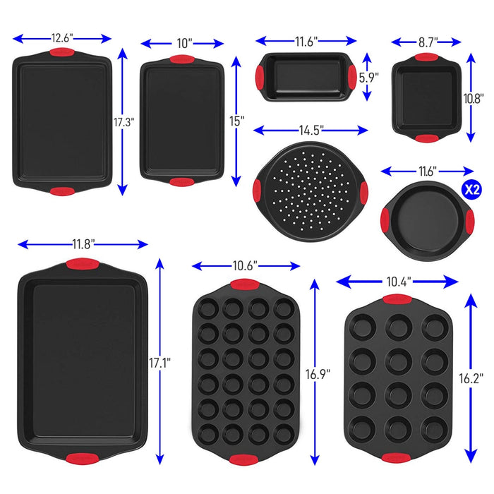 Kitchen Oven Baking Pans - Deluxe Nonstick Gray Coating Inside & Outside Carbon Steel Bakeware Set With Red Silicone Handles (10-Pieces)