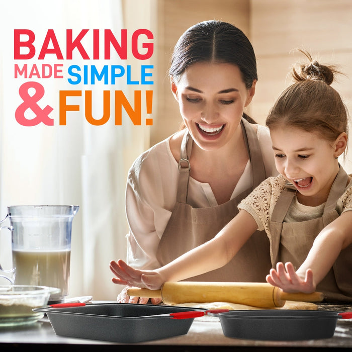 Kitchen Oven Baking Pans - Deluxe Nonstick Gray Coating Inside & Outside Carbon Steel Bakeware Set With Red Silicone Handles (10-Pieces)