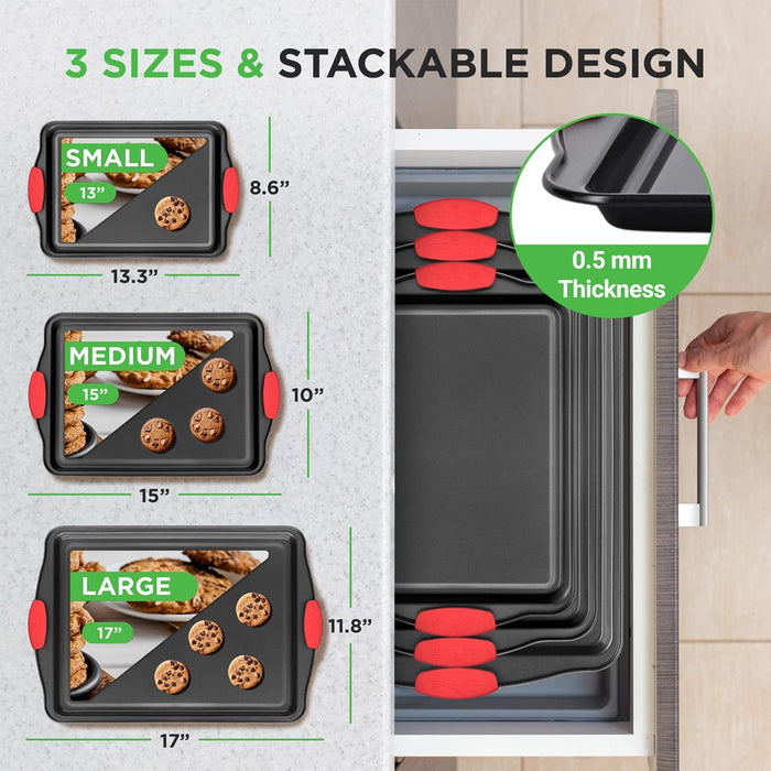 Kitchen Oven Baking Pans - Deluxe Nonstick Gray Coating Inside & Outside Carbon Steel Bakeware Set With Red Silicone Handles (3-Pieces)
