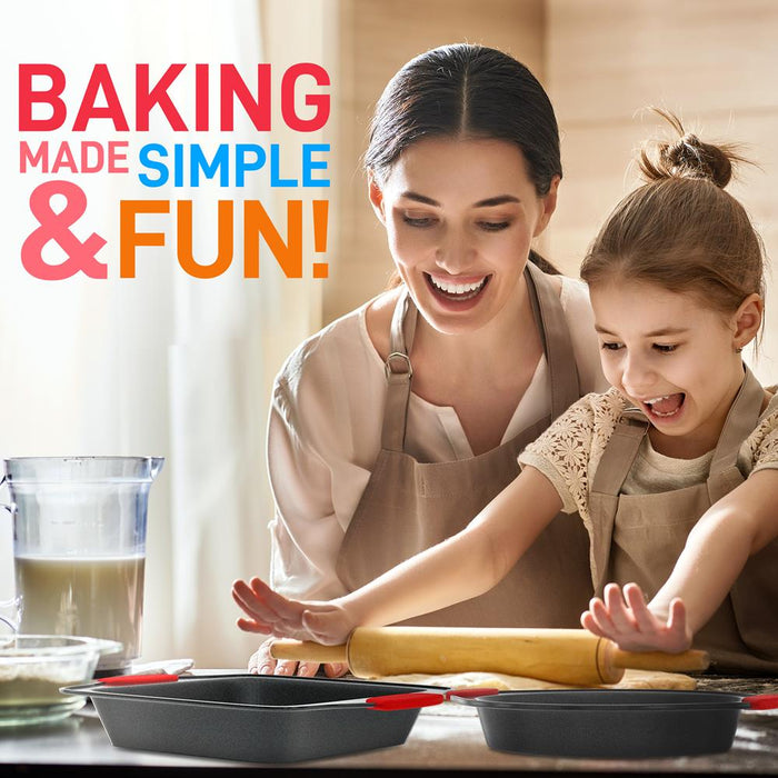 Kitchen Oven Baking Pans - Deluxe Nonstick Gray Coating Inside & Outside Carbon Steel Bakeware Set With Red Silicone Handles (8-Pieces)