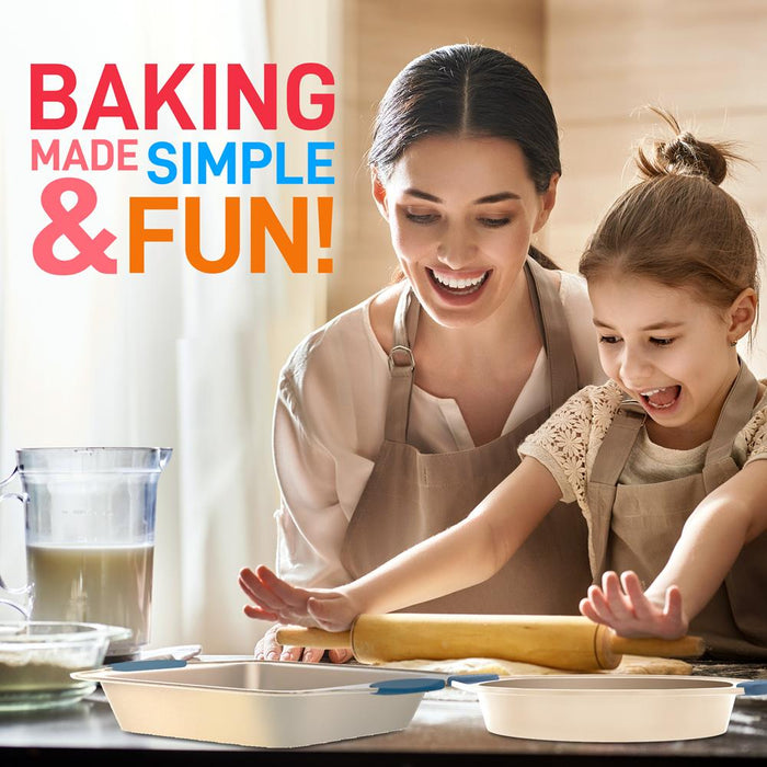 Kitchen Oven Baking Pans - Deluxe Nonstick Gold Coating Inside & Outside Carbon Steel Bakeware Set With Blue Silicone Handles (10-Pieces)