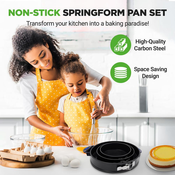 3-Piece Leak Proof Springform Pan Set- With Stainless Steel Lock And 300 Pieces Parchment Paper (Black)
