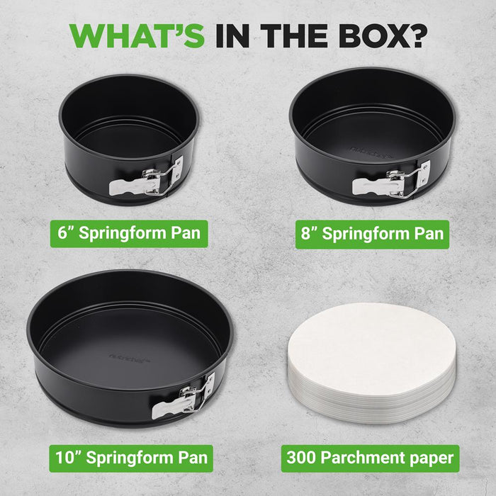 3-Piece Leak Proof Springform Pan Set- With Stainless Steel Lock And 300 Pieces Parchment Paper (Black)